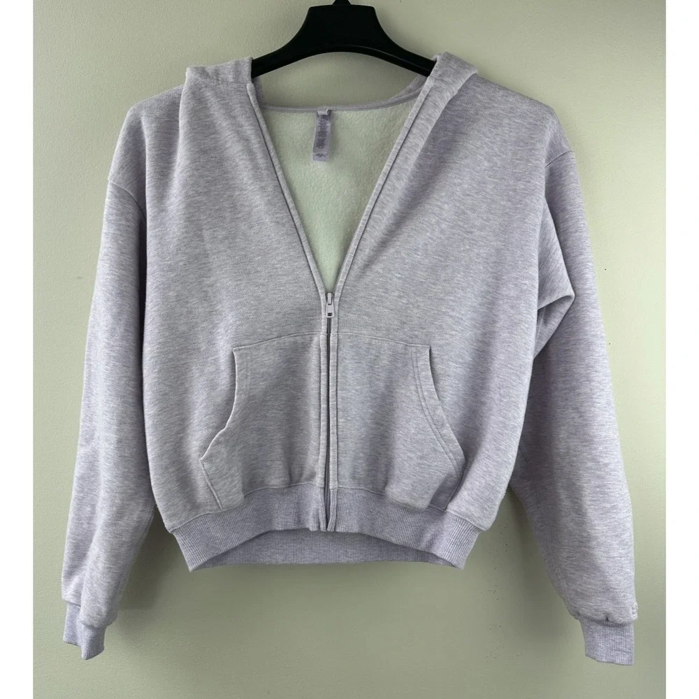 SKIMS Limited Edition Cotton Fleece Cropped Full Zip Up Hoodie Purple Heather M - Picture 2 of 16